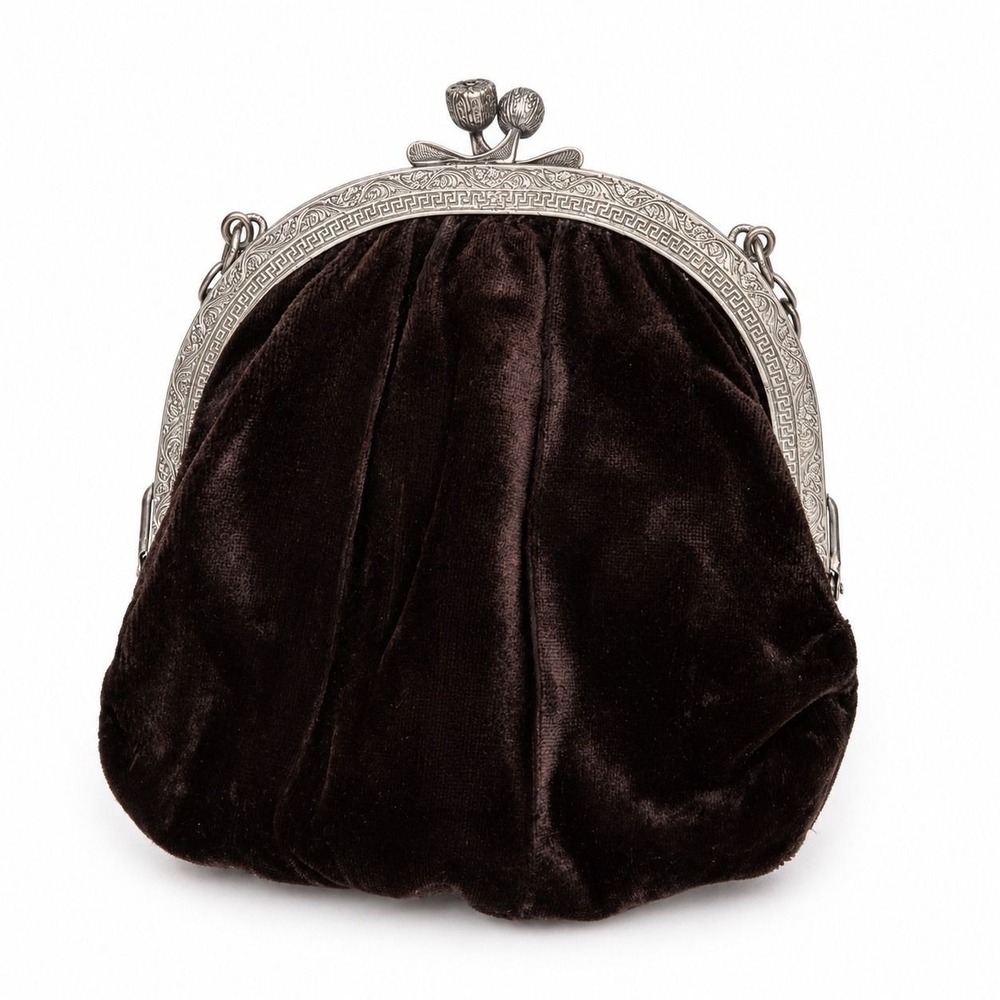 ⚜️119. Antique 1900s European Purple Velvet Handbag Silver Frame Kiss Lock